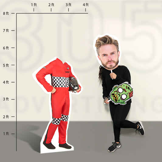 Picture of a stand alone picture of a man dressed as car racer