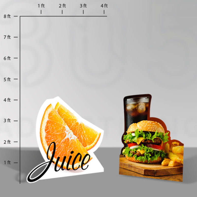 Picture of two stand alone signs, an orange and a hamburger with soda and fries