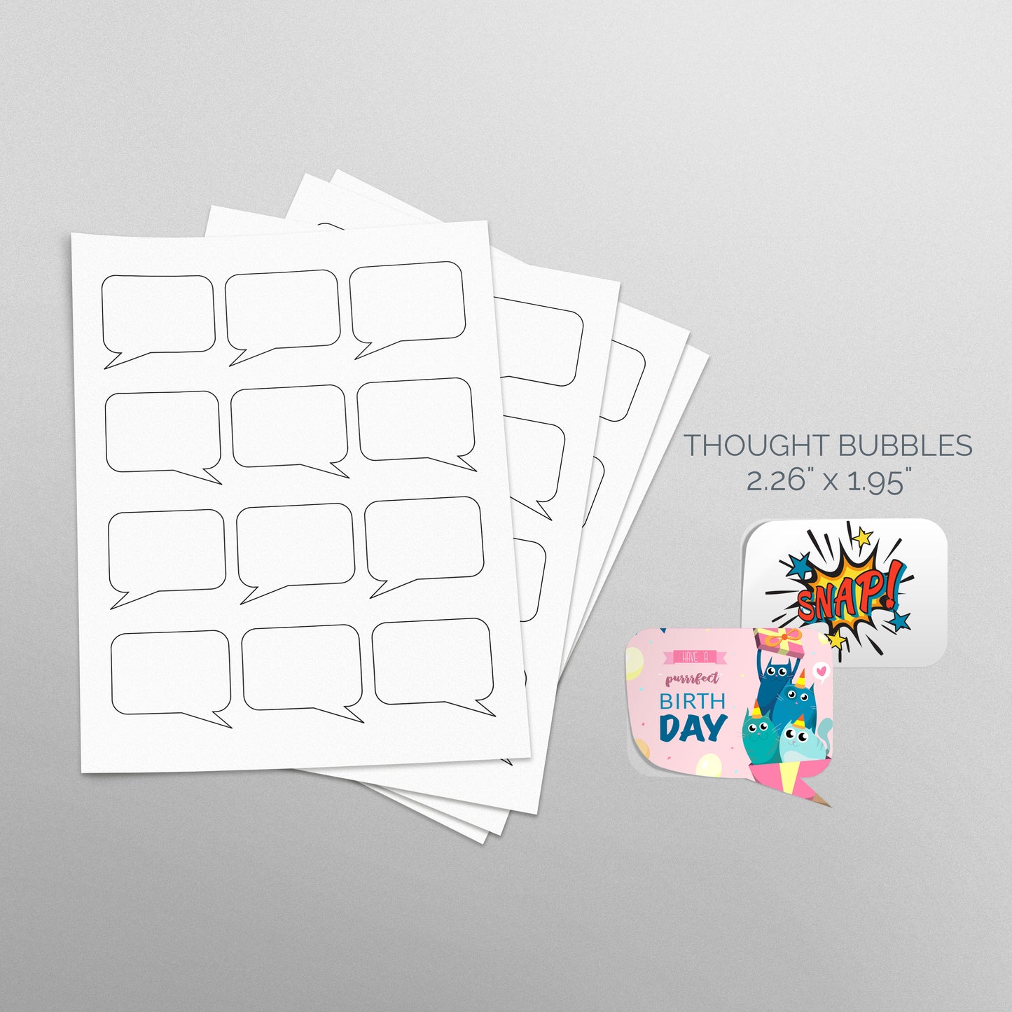 Sheets of paper with Die-Cut Thought Bubbles Stickers 2.25"x2" - Pompano Printing